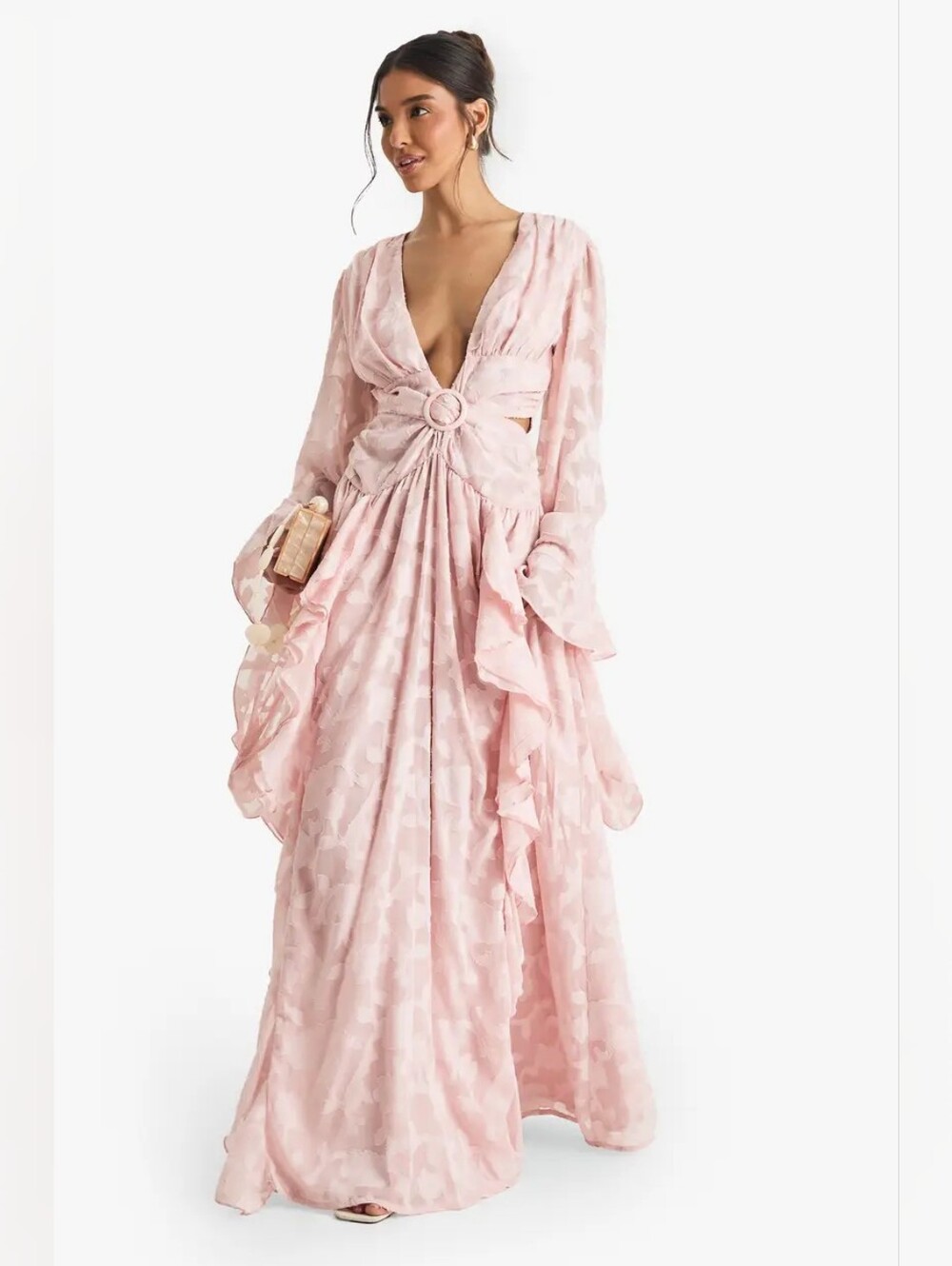 NWOT Boohoo Bohemian Pink Textured Split Cut Out Maxi Dress